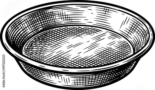 A vintage-style illustration of an empty metal pie dish. It is circular with a fluted rim and detailed shading.