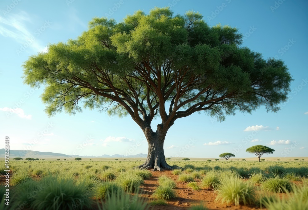 Fototapeta premium Compounded Acacia Tree with Feathery Leaves Against an Expansive Savanna Sky