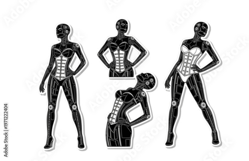 Mechanical Noir Sovereign Female Silhouette Sticker, Architectural Corset Fashion Vector, Modern High Contrast Authority Icon