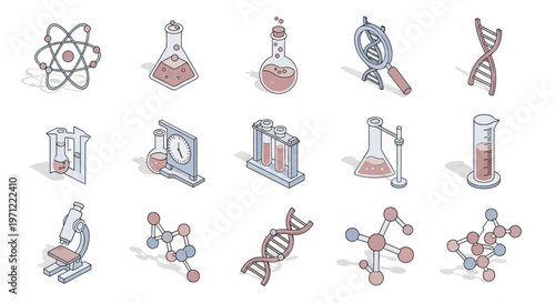 Illustrated scientific equipment icons for research, experiments, and laboratory concepts