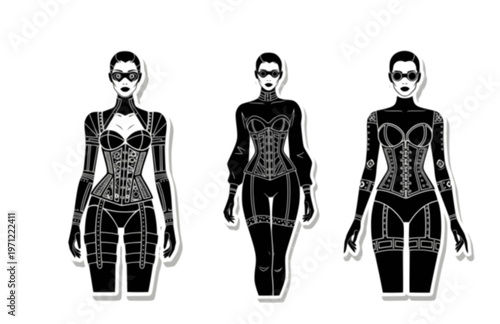 Mechanical Noir Sovereign Female Silhouette Sticker, Architectural Corset Fashion Vector, Modern High Contrast Authority Icon