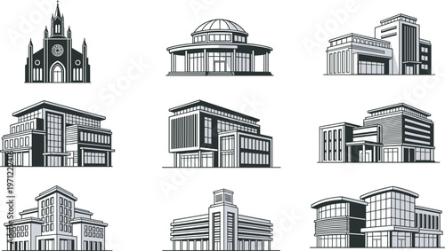 Collection of minimalist black and white building icons including modern office blocks contemporary commercial skyscrapers traditional church architecture and urban real estate property flat vector.