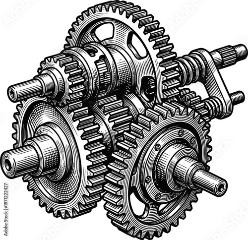 Detailed illustration of a complex mechanical gearbox, featuring interlocking gears and shafts. This image symbolizes engineering, machinery, and power transmission in an industrial context.