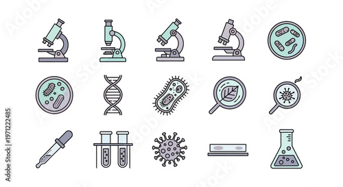 Illustration depicting science, microbiology, and laboratory equipment in a clean vector style