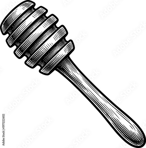 Isolated honey dipper with grooved head and long handle, vintage engraving style illustration