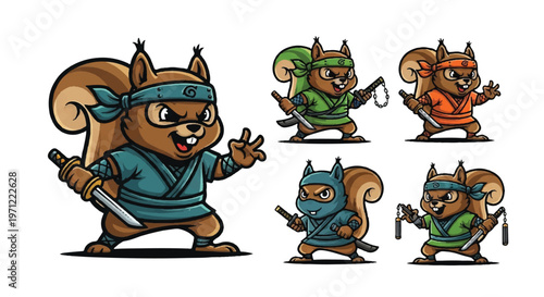Cartoon ninja squirrel characters in various colors poses