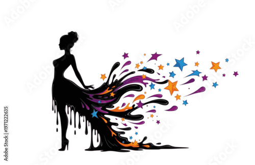 Surreal Liquid Drip Diva Silhouette Sticker, Playful Star Shard Sensual Motion Vector, Modern Absurdist Performance Illustration