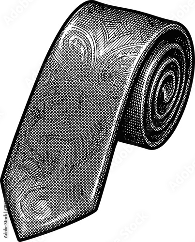 A black and white illustration of a rolled silk tie featuring an abstract pattern. This classic menswear accessory is depicted in a vintage engraving style, isolated on a plain background.