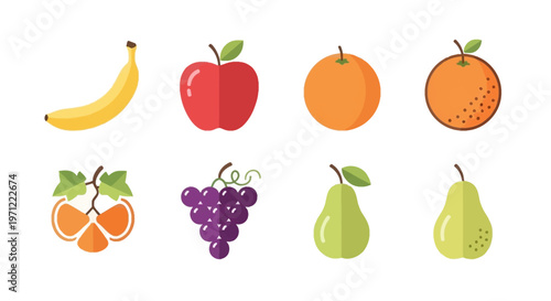 Illustration of various fresh fruits in a clean and colorful flat design arrangement