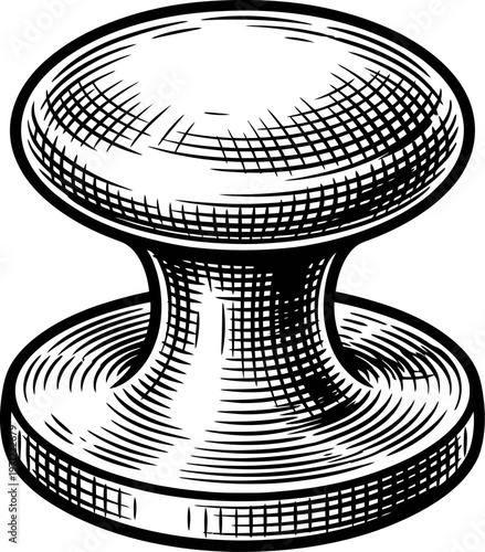 Isolated vintage door knob illustration, simple brass hardware, classic circular handle, decorative etched pattern, antique home element