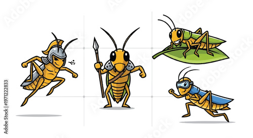 Cartoon grasshoppers in various poses and costumes on white background