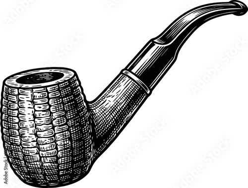 A detailed engraving-style illustration of a vintage smoking pipe. The pipe features a textured bowl resembling briar wood and a curved stem. Isolated on a white background.