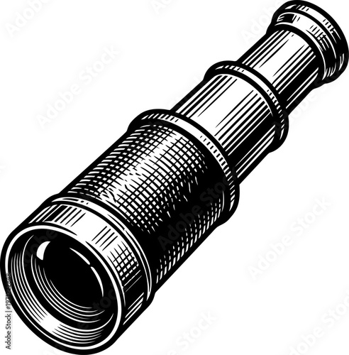 An isolated vintage spyglass telescope, a brass nautical instrument for exploring distant horizons, symbolizing search, discovery, and adventure. Detailed line art.
