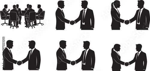 Business people set featuring professional meeting group and  and businesswomen handshaking for deal , corporate teamwork, partnership, and successful collaboration concepts isolated on white.