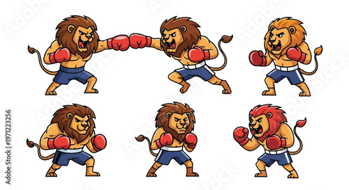 Cartoon lions boxing set vector illustration isolated white background