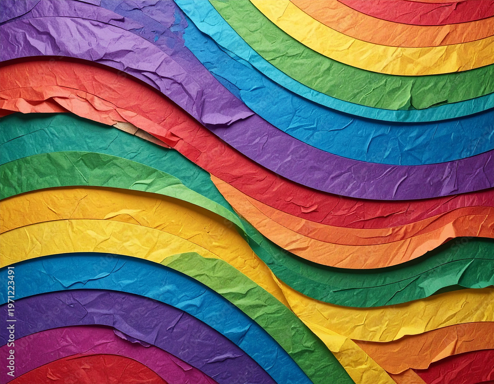 Fototapeta premium Crumpled rainbow paper texture with layered folded sheets and torn edges, colorful craft background with strong depth and tactile detail