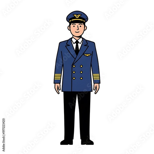 Cartoon pilot in uniform standing.