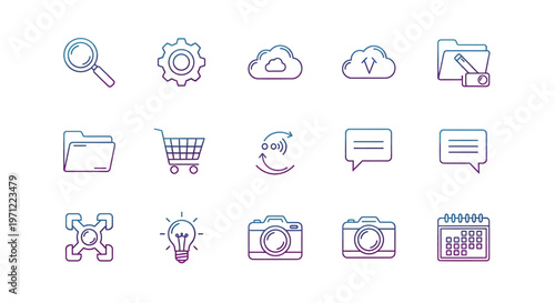 Minimalist digital iconography set, featuring a variety of essential universal symbols