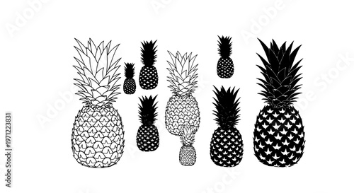 Pineapple silhouettes vector set with solid and outline fruit icons in clean minimal grid layout