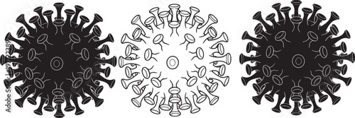 Coronavirus cell vector illustration set featuring black silhouette and line art icons of covid-19 virus microbes for medical, health, and pandemic scientific research concepts.