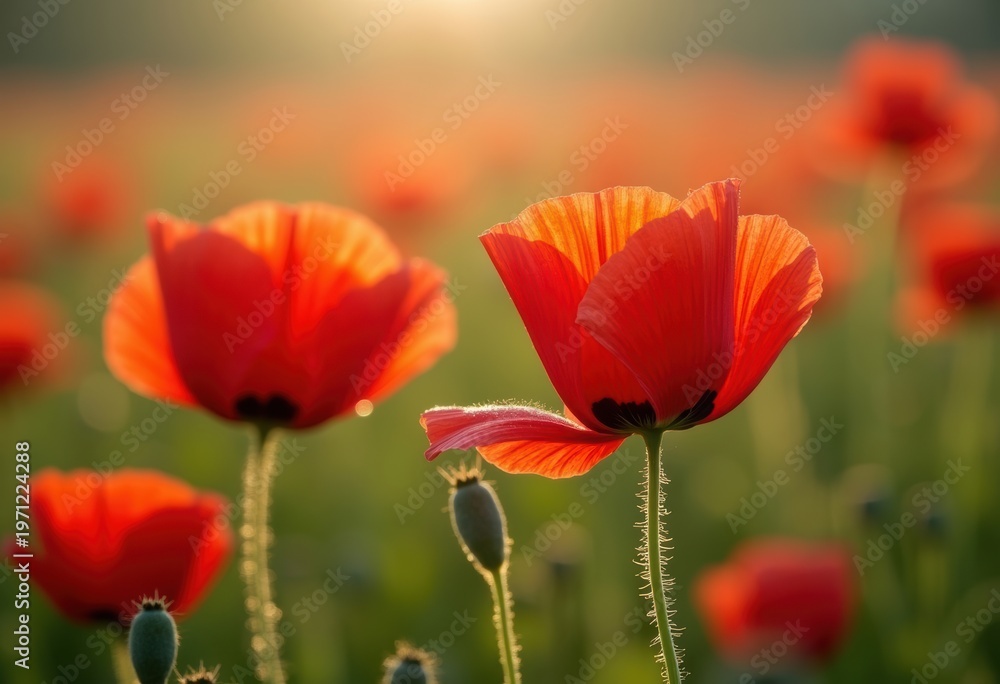 Fototapeta premium Poppy Red Papery Petals Dancing in a Gentle Breeze Across an Endless Open Field