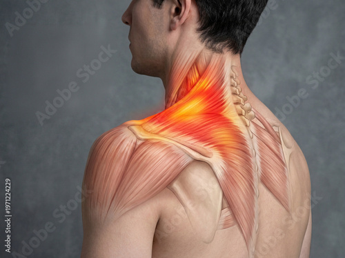Detailed anatomical view of upper back muscles showing myofascial tension and inflammation