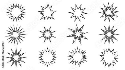 Collection of various geometric starburst and spark shapes with black outlines and sharp points on a white background for creative design work.