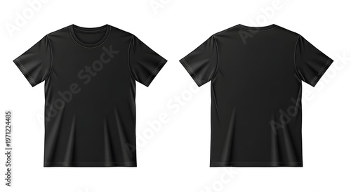 Front and Back View of a Plain Black T-Shirt on a White Background.