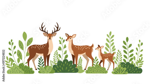 Forest scene featuring a family of spotted deer standing among green bushes and leafy plants on a clean white background for nature illustration.
