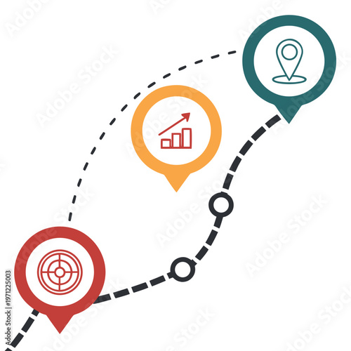 Business roadmap infographic template with three steps, location markers, target icon, and growth chart for presentation.