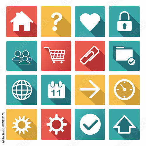 Assorted flat square web icons featuring question mark heart lock group people shopping basket paperclip folder globe calendar arrow clock and sun.