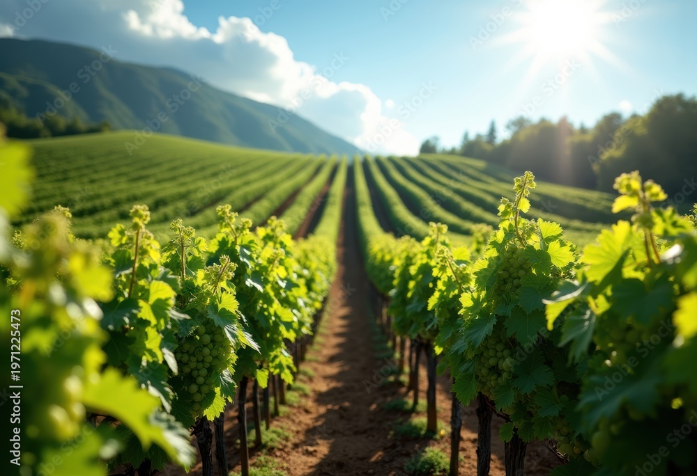 Naklejka premium Vibrant Vineyard Rows Intertwined Across Rolling Hills in a Patterned Geometric Dispersion