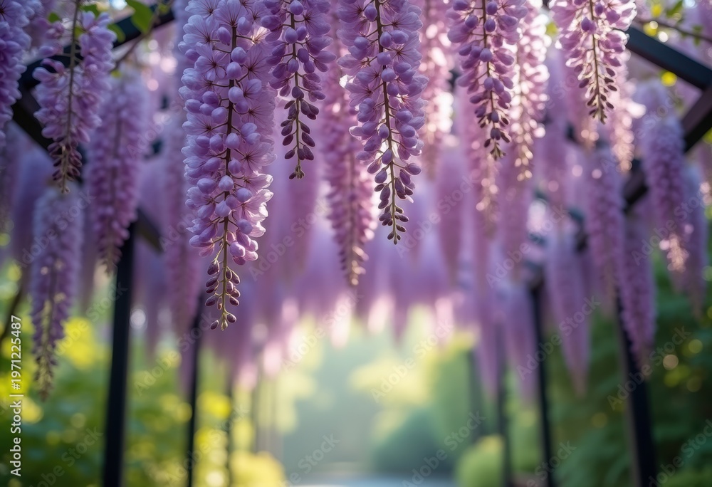 Obraz premium Vibrant Wisteria Flower Clusters Cascading from Pergola Creating an Enchanting Outdoor Canopy Display