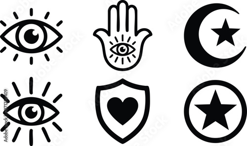 Black and white spiritual symbol icons including eye hand heart crescent and star