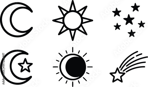 Black and white celestial icons sun moon star and comet vector art