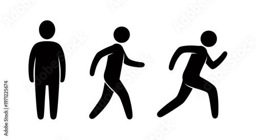 Three Silhouetted Figures Demonstrating Progression from Standing to Walking to Running in a Simple Illustration.