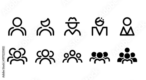 A collection of simple human icons representing groups of people and gatherings.