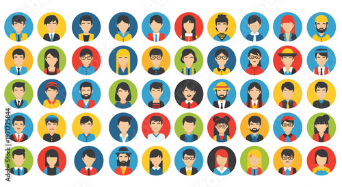 Diverse group of cartoon avatars arranged in colorful circular portraits.