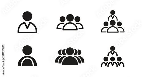 Group of simple black icons depicting a diverse set of people gathered together in a social scene.