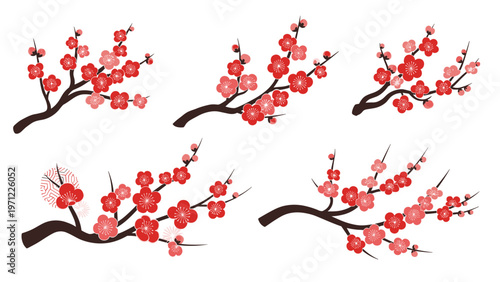 Set of five dark branches with blooming red and pink plum blossoms, stylized in traditional Japanese art style on white background.
