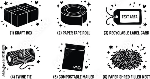 Black and white flat design recyclable packaging icons kraft box mailer twine and label