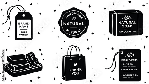 Black and white natural soap label tags and gift bag vector art with handwritten text