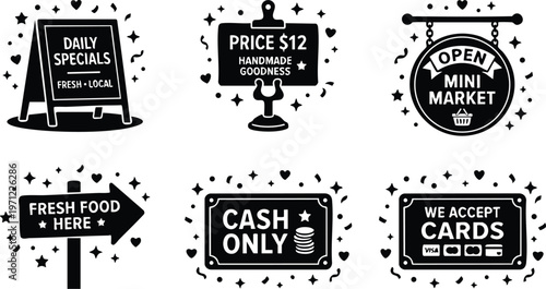Black and white daily specials price cash only and open mini market food signs vector art