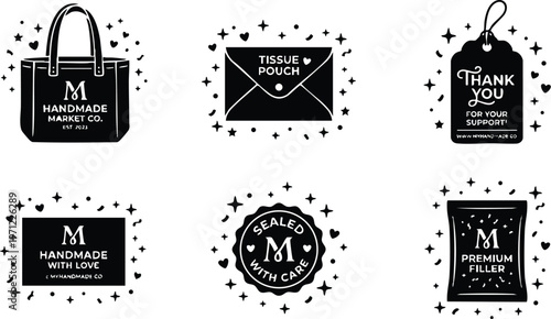 Black and white handmade market tote tissue pouch thank you tags and care seals vector art