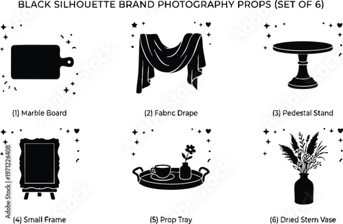 Black silhouette marble board fabric drape pedestal stand small frame prop tray dried stem vase set