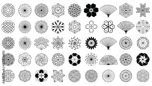 Large collection of fifty diverse circular icons and motifs including flowers and fans in a black line art style on white.
