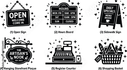 Black open welcome sign hanging with daily specials sidewalk chalkboard and artisan storefront plaque vector art