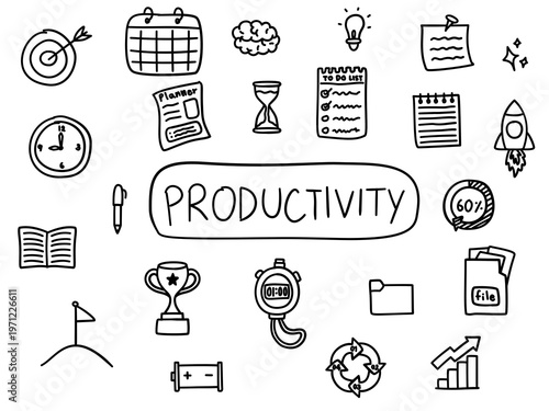 Productivity Hand drawn doodle Set, doodle elements ,vector hand drawn illustration, doodle clipart set