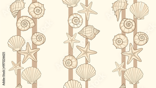 Seamless pattern of beige sea shells and starfish arranged in vertical rows on a light cream background with subtle stripes.