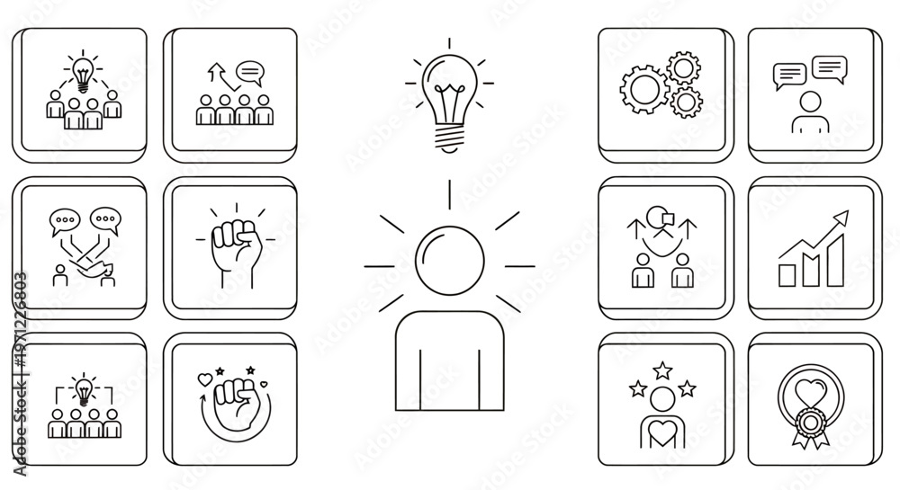 Fototapeta premium Collaborative business concepts: teamwork, brainstorming, and growth icons representing innovation and strategy.